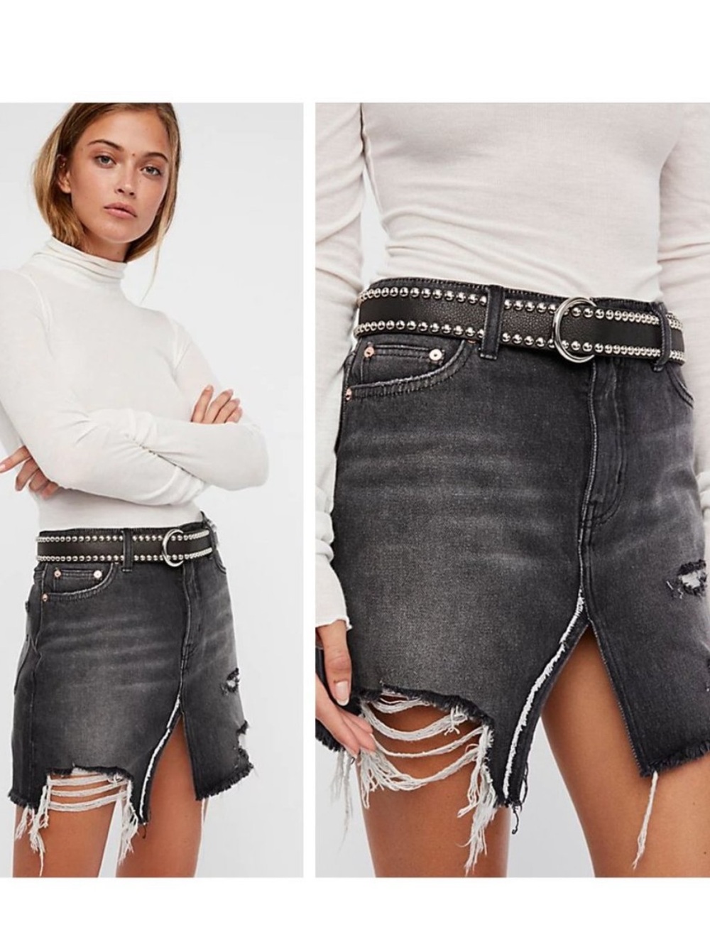 Free People We The Free Relaxed & Destroyed Denim Mini Skirt in Faded Black 26